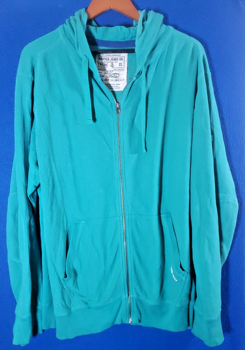 Nautica Jeans Co Men Full Zip Hoodie Sweatshirt Teal Blue Jacket Size XL